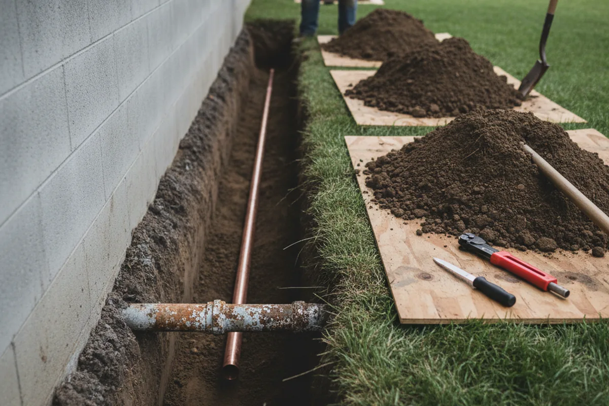 Excavated water line trench during Water Heater Repair in Mountlake Terrace
